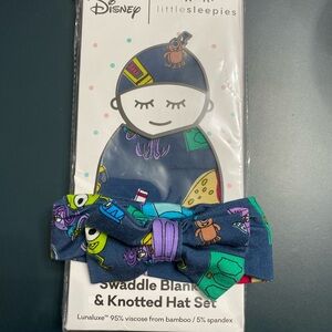 Little Sleepies Disney Swaddle Blanket & Knotted Hat/Bow Set - Blue and Green